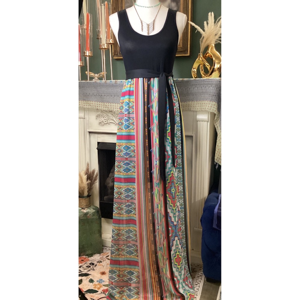 Yetts Los Angeles Womens Multi Color Geometric Print Mixed Media Maxi Dress M - Picture 1 of 6